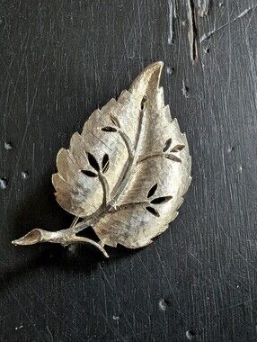 Vintage BSK Silver-Toned Leaf Brooch Mid-century Modern Botanical Brushed Design